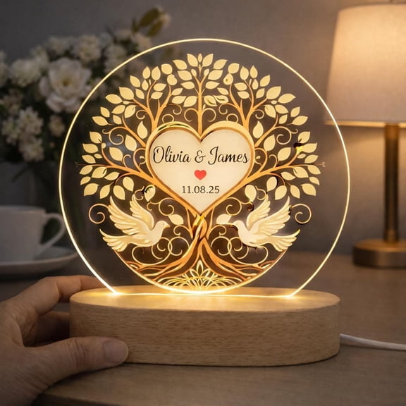 Tree Of Life Couple Name Night Light, Flat 2D Acrylic Printed, Romantic Nature Art, Wedding Anniversary Gift