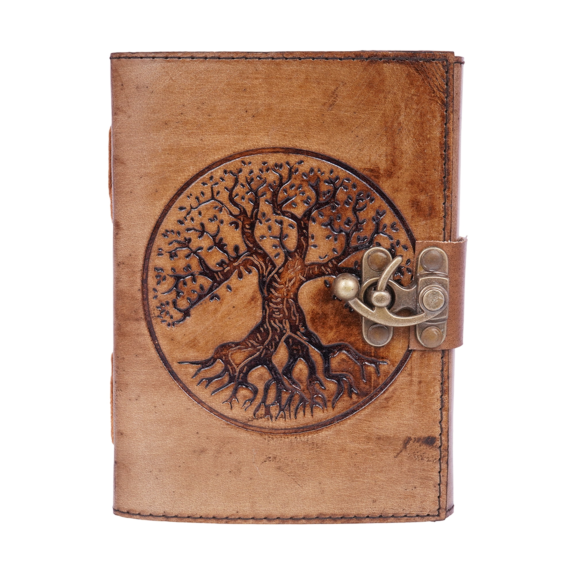 Tree Of Life Embossed Leather Journal w/Metal Closure - 5"x7" | Handmade Embossed Leather Notebook with Circular Tree Design