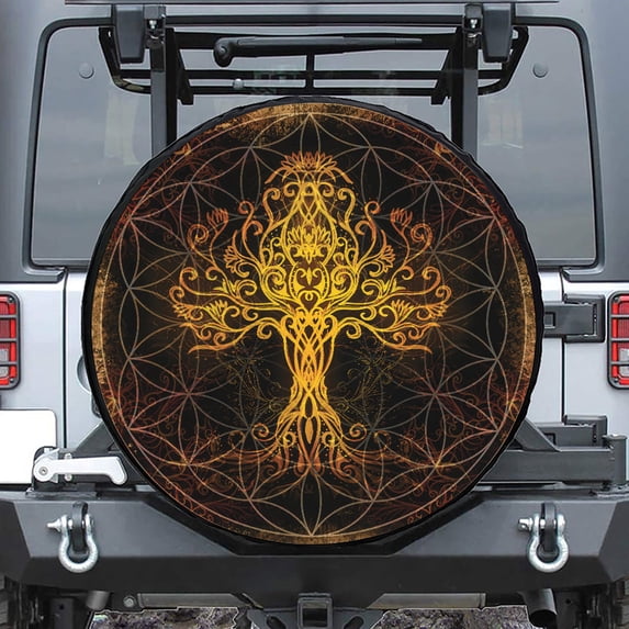 Tree Of Life Fabric Spare Tire Cover, Art Tire Decor Weatherproof Dust-Proof Protectors For Suv Rv Camper Trailer Truck 14 15 16 17 18In