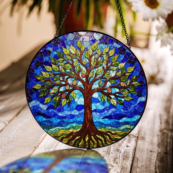 Tree Of Life Glass Suncatcher, Vibrant Mosaic Spiritual Nature Lover, 6.3 in