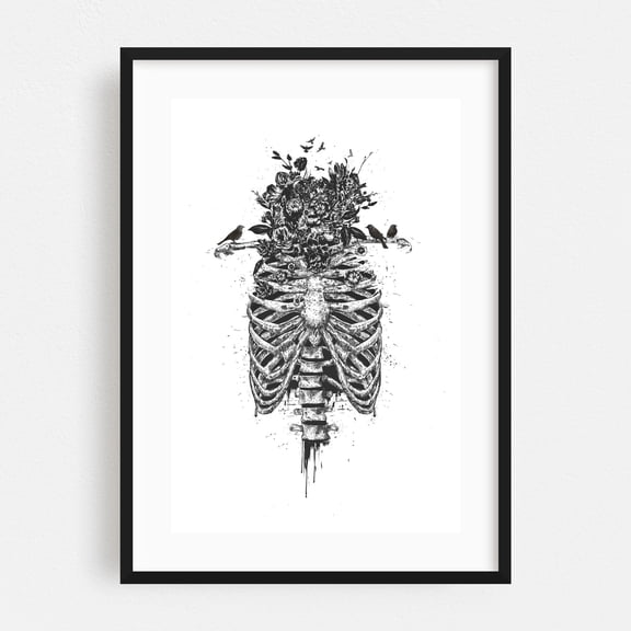 Tree Of Life - Illustration Anatomy Floral Surrealism Black and White Gothic Bird Black Framed Wall Art Print 24 x 36 inches