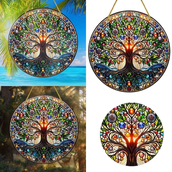 Tree Of Life Indoor Outdoor Stained Glass Window Hanging Handmade For Home Garden Party Wedding Ho, 20x20 cm, Pink