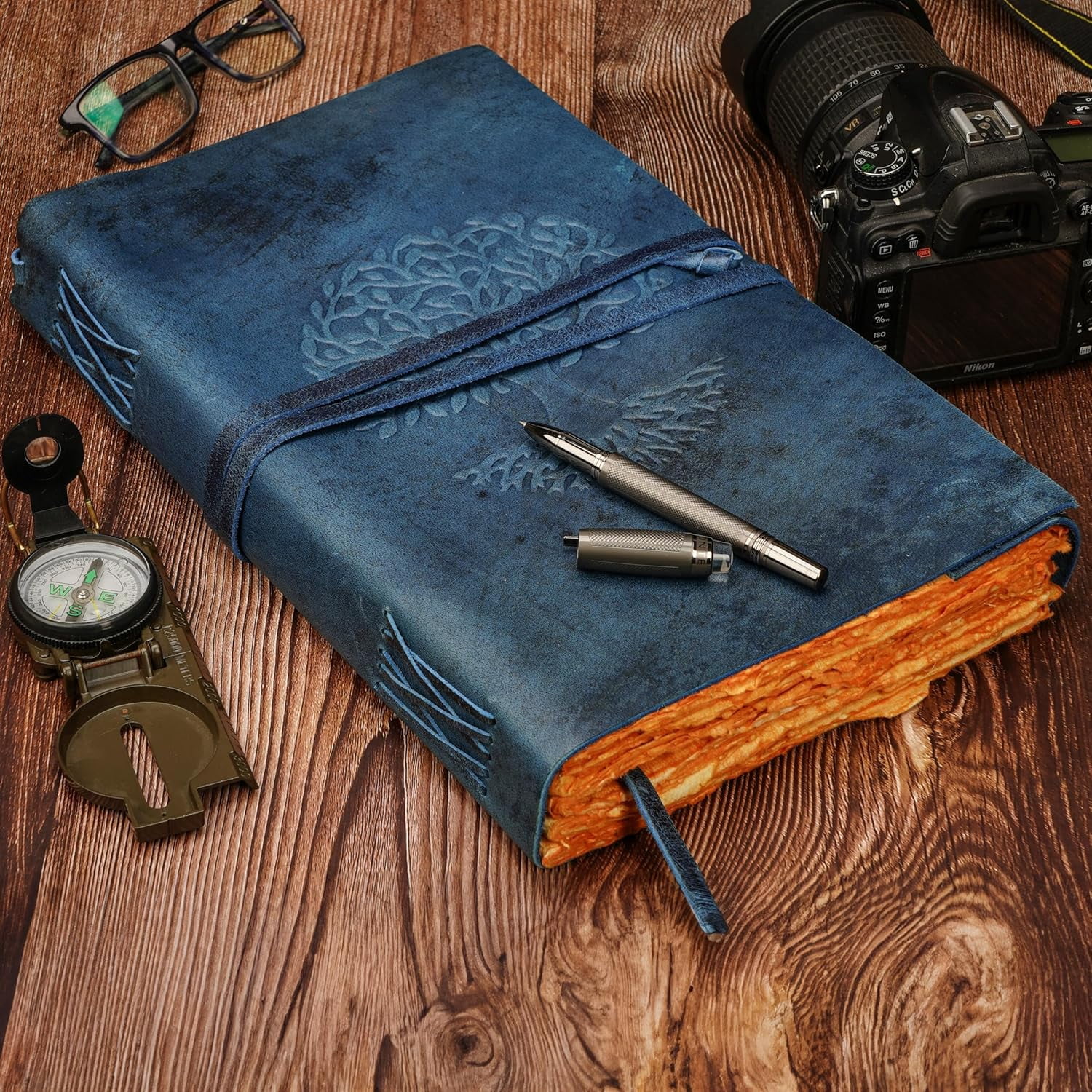 Tree Of Life Leather Journal for Women and Men, Handcrafted Writing Sketchbook Travel Diary with Unlined Deckle Paper Dark Blue 8x13