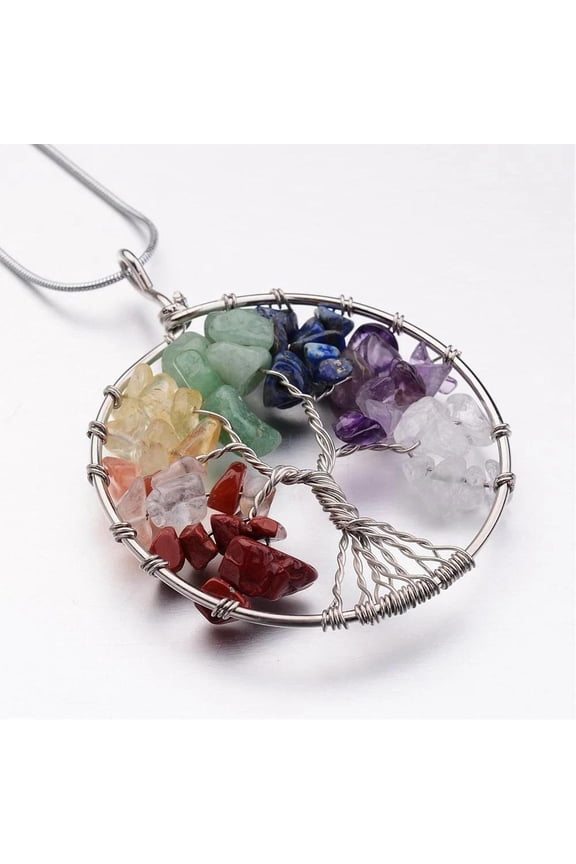 Tree Of Life Mixed Stone Big Pendants Necklace Stainless Steel Snake 16.5 Inch Lobster Clasp P367