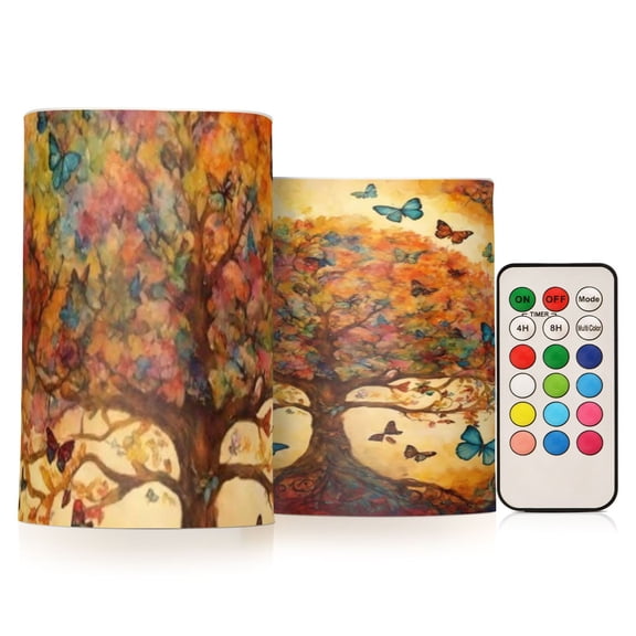 Tree Of Life Pattern Flickering Flameless Candles Battery Operated with Remote Timer LED Pillar Candles Set of 2