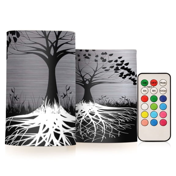 Tree Of Life Pattern Flickering Flameless Candles Battery Operated with Remote Timer LED Pillar Candles Set of 2