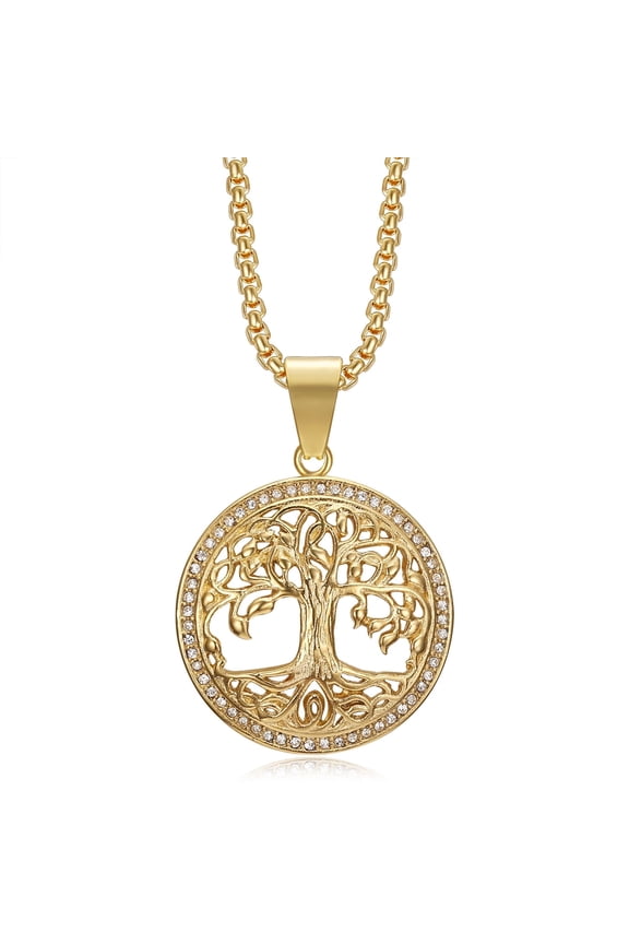 18K Gold Plated Tree of Life Pendant 24'' Chain Stainless Steel Necklace for Men Women
