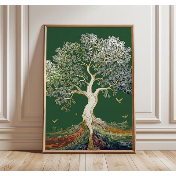 Tree Of Life Poster, Green And Gold Botanical Wall Art