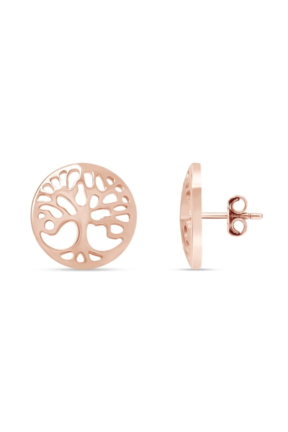 Tree Of Life Stud Earrings in 14k Rose Gold over Sterling Silver For Women
