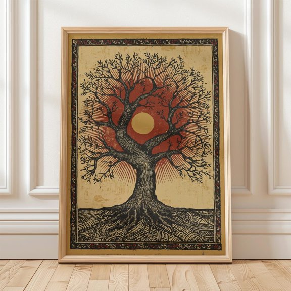 Tree Of Life Sun Behind Tree Mystical Boho Roots Spiritual Porch Display, Unframed Paper Poster 8x10in