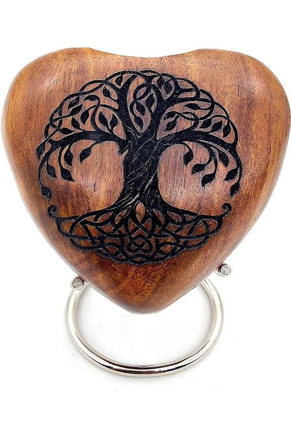Tree Of Life Wooden Heart Urn Keepsake Cremation Urn for Human pet Ashes Handcrafted Urn Heart Shaped - Perfect for Adults & Infants comes with Brass Stand