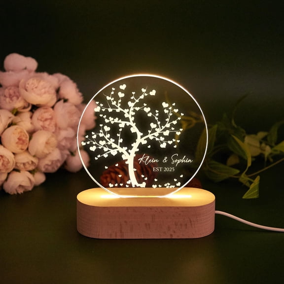 Tree Of Love Names And Date Custom Table Light Acrylic Plaque Wooden Base Anniversary Couple Gift Home Decor Lamp