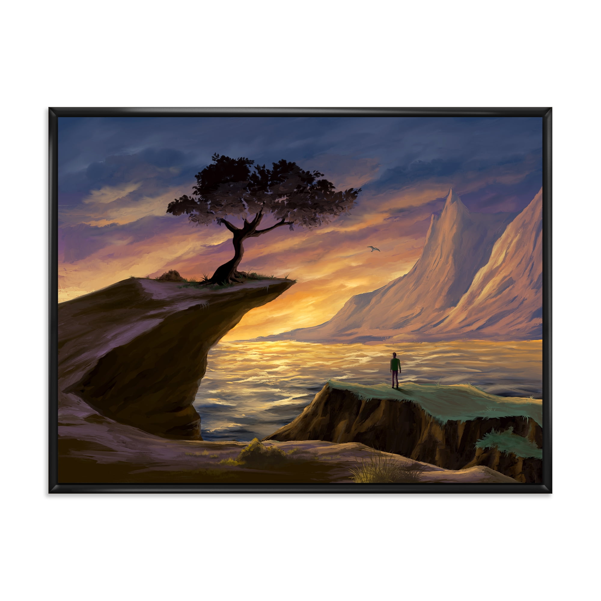 Tree On A Sea Cliff At Evening Light 40 in x 30 in Framed Painting Canvas Art Print, by Designart