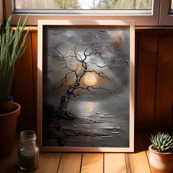 Tree On The Shore Sunset Moody Wall Art Print, Moonlit Dark Sky ...