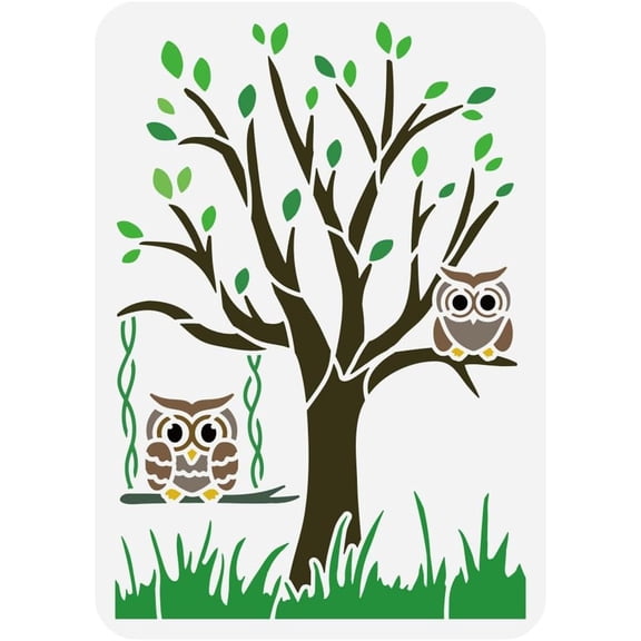 Tree and Owl Painting Stencil 8.3x11.7 inch Large Tree with Leaves Pattern Drawing Template Plastic PET Swinging Cute Owl Painting Stencil Hollowed Plant Theme Template for Decoration