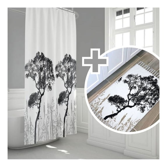 Tree Pattern Bathroom Curtain+Mat Set