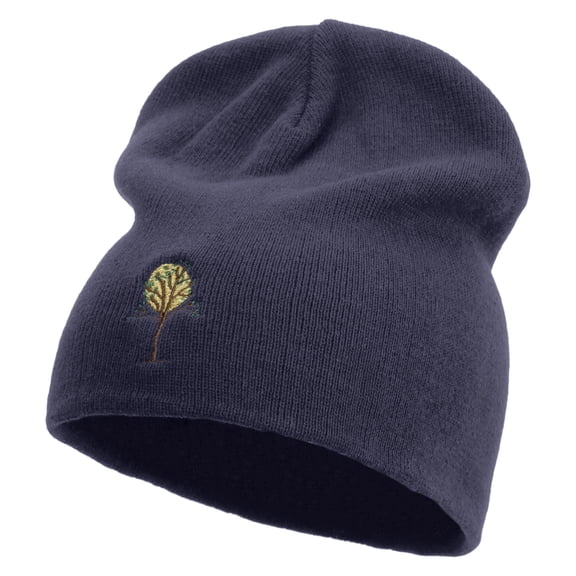 Tree Patterns Embroidered Big Size Superior Cotton Short Knit Beanie - Navy XL-3XL