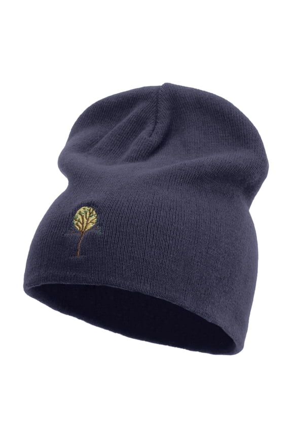 Tree Patterns Embroidered Big Size Superior Cotton Short Knit Beanie - Navy XL-3XL