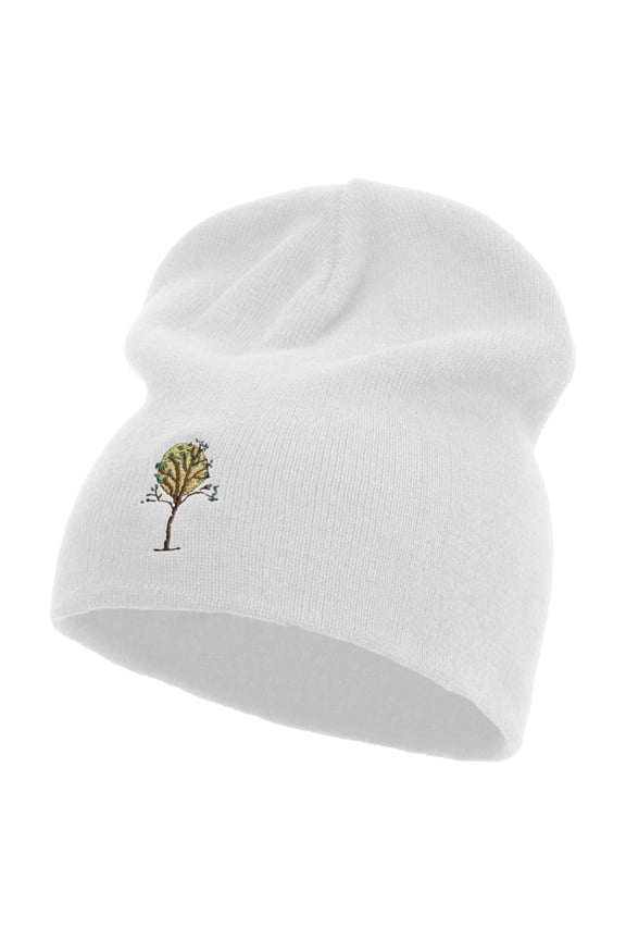 Tree Patterns Embroidered Big Size Superior Cotton Short Knit Beanie - White XL-3XL