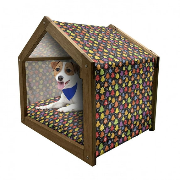 Tree Pet House, Colorful Nature Winter Season Inspirations Snowflakes December Christmas Theme Print, Outdoor & Indoor Portable Dog Kennel with Pillow and Cover, 5 Sizes, Multicolor, by Ambesonne