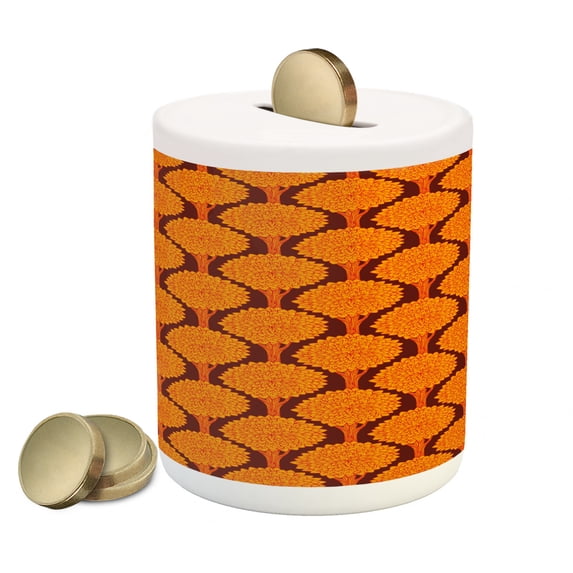 Tree Piggy Bank, Abstract Vibrant Color Forest Pattern Autumn Season Wildlife Modern Art, Ceramic Coin Bank Money Box for Cash Saving, 3.6" X 3.2", Orange Chestnut Brown, by Ambesonne