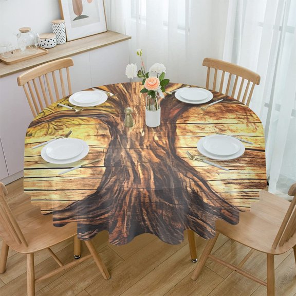 Tree Plank Tablecloths for Dining Table Waterproof Round Table Cover for Kitchen Living Room