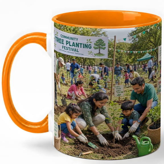 Tree Planting Festival Coffee Mug, Community Earth Day Family Design, 11 oz Ceramic Cup