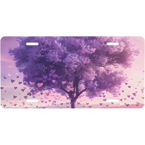 Tree Purple Heart Door Rust-Free Rv Decorative License Plate with Auto Plate Cover, Aluminum, Waterproof