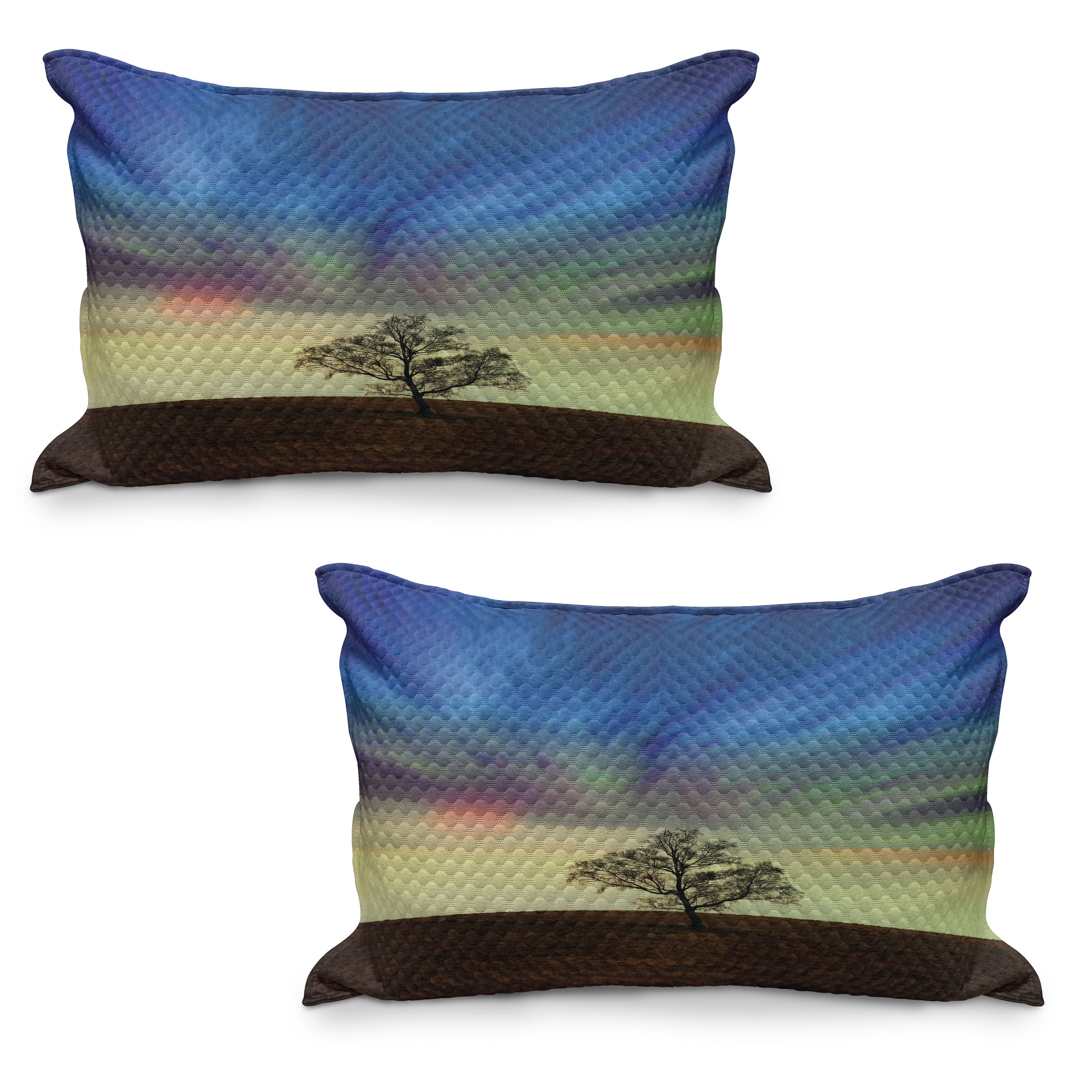 Dramatic Pillows Tree Quilted Pillowcover Set of 2, Only Tree in Field Under Colorful ...