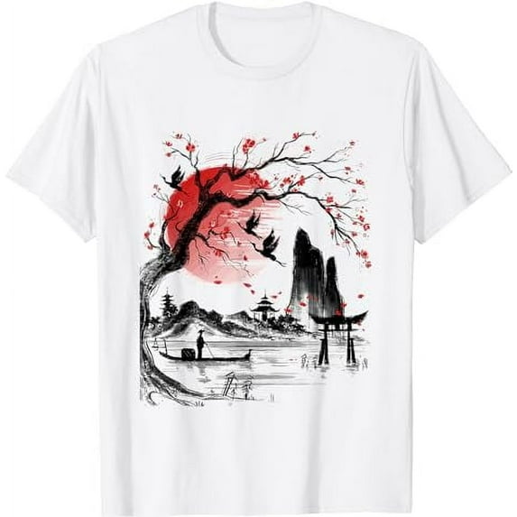 Tree Red Moon With Birds Flying in background white T-Shirt