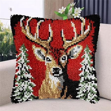 Tree and Reindeer DIY Latch Hook Kits Pillow with Printed Canvas Handmade Cushion Crochet Yarn Embroidery Hook and Latch Kit Pillowcase Christmas Decoration