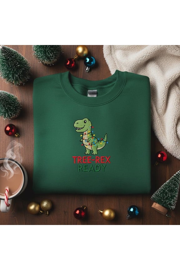 Tree-Rex Ready Embroidered Sweatshirt, Funny Dinosaur Christmas Crewneck, T-Rex Holiday Lights Sweater, Dino Lover Gift
