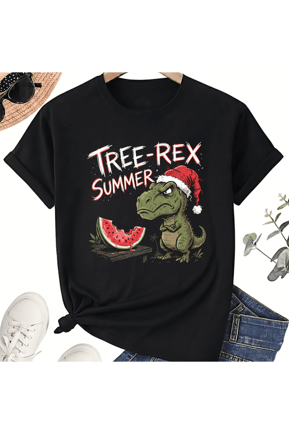Tree-Rex Summer Unisex T-Shirt For Christmas In July, Dinosaur Holiday Graphic Tee