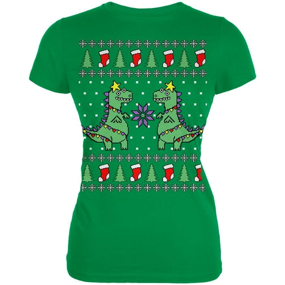 Tree Rex T Rex Ugly Christmas Sweater Juniors Soft T Shirt Irish Green MD
