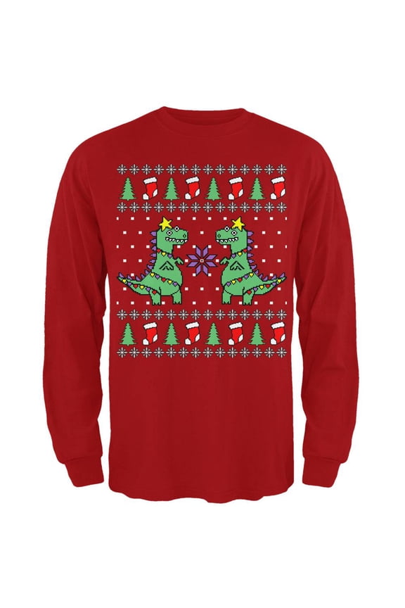 Tree Rex T Rex Ugly Christmas Sweater Mens Long Sleeve T Shirt Red 3X-LG