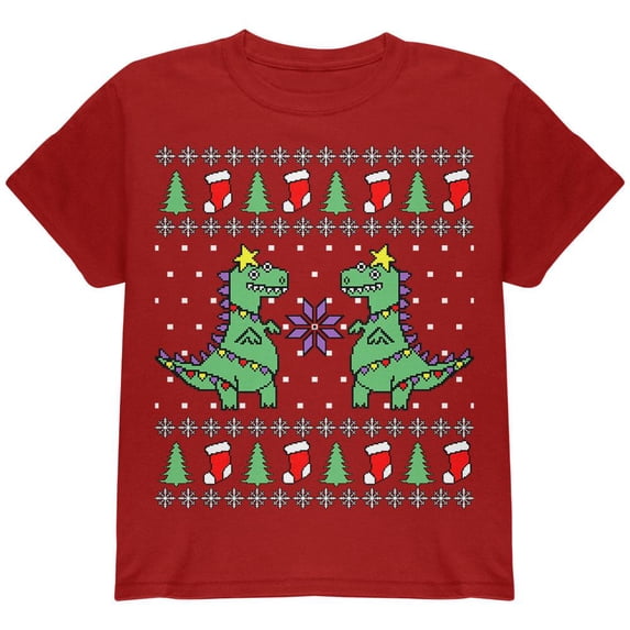 Tree Rex T Rex Ugly Christmas Sweater Youth T Shirt Red YMD