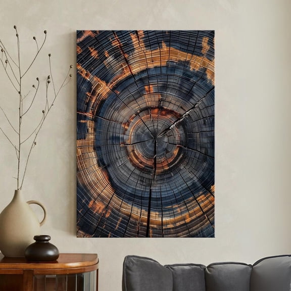 Tree Ring Abstract Wood Grain Wall Art Rustic Home Decor Dark Blue Orange Texture Boho, Unframed Paper Poster 11x14in