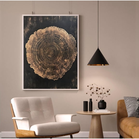 Tree Ring Poster Wood Ring Wall Art, Minimalist Modern Art Neutral Boho Wall Decor, Farmhouse Printable Woodcut Poster Black and Gold Print, Size 8x12 UNFFRAMED F03.1.6l824