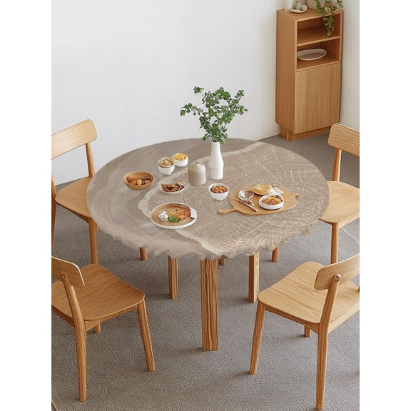 Tree Ring Round Fitted Tablecloth with Elastic Edge, Rustic Minimalist Wabi Sabi Taupe Beige Wood Grain Waterproof Stretch Table Covers for 55"-60" Tables Wipeable Table Cloth for Outdoor
