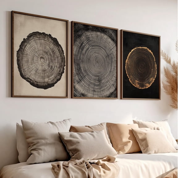 Tree Rings Print Antique Rustic Woodcut Vintage Minimalist Home Decor Set 3 Unframed Paper Print