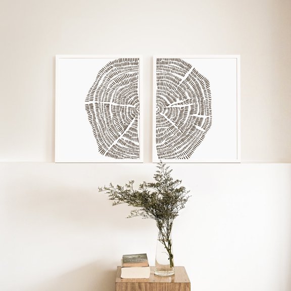 Tree Rings Print, Nordic Decor Cut Slice Woodland Forest Diptych, "Tree Growth Rings Illustration" - Art Prints, Set 2, Poster Only