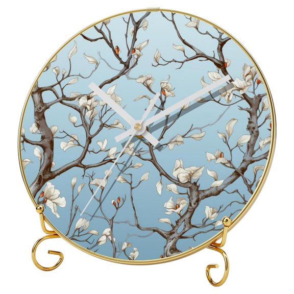 Tree Round Printed Wall Clocks with Hooks and Gold Stand - Silent Non Ticking Clock for Living Room, Bedroom, or Office