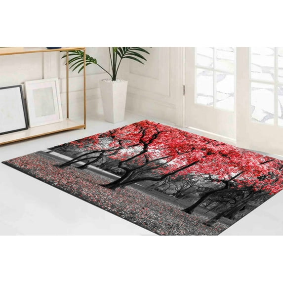 Tree Rugs, Office Decor Rugs, Step Rug, Trees With Red Flowers Rugs, Office Rug, Area Rug, Landscape Rug, Red Rugs, Indoor Rug, Large Rugs, 3.3'x9.2' - 100x280 cm