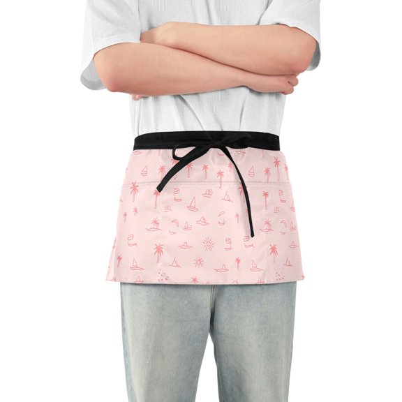Tree Sailboat Sun Server Apron with 3 Pockets Waterproof Waitress Waist Short Apron for Man Woman 12 Inches