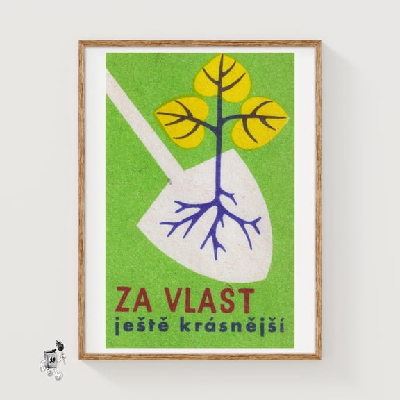 Tree Saplings Matchbox Art Print Czech Vintage Modernist (Green Decor)
