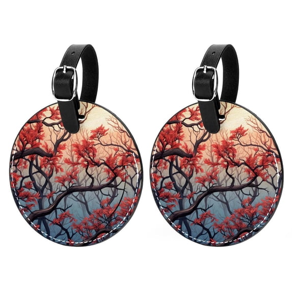 Tree Set of 2pcs PU Leather Round Suitcase Tags with Privacy Cover and Name ID Tag - Ideal for Travel Luggage, Handbags, Backpacks, School Bags