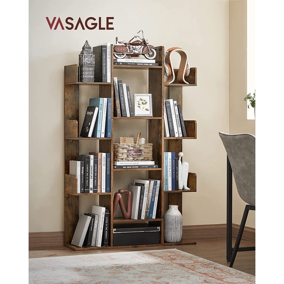 Tree-Shaped Bookshelf with 13 Shelves, Rustic Brown Storage Unit for Living Room