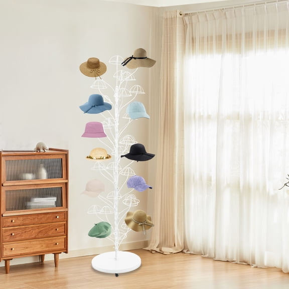 Tree-Shaped Hat Display Stand 68.9in Tall White Iron Rolling Hat Rack with 35 Hangers & 4 Wheels