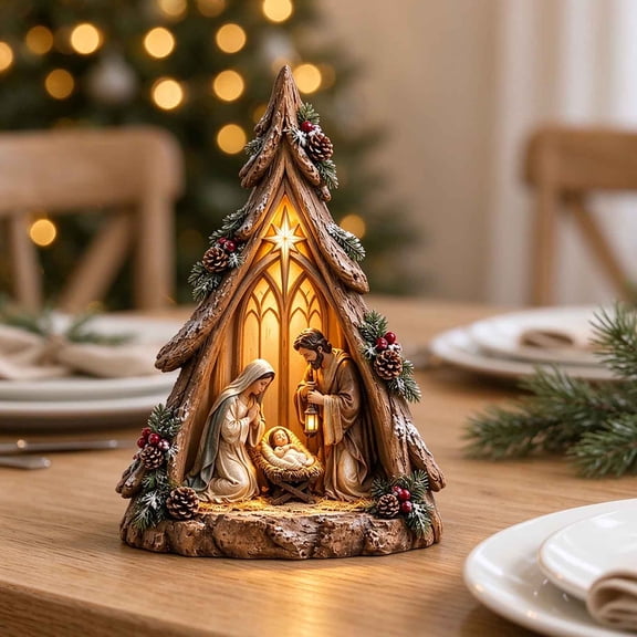 Tree Shaped Nativity Scene Resin Figurine with Warm LED Light for Christmas Tabletop Decor