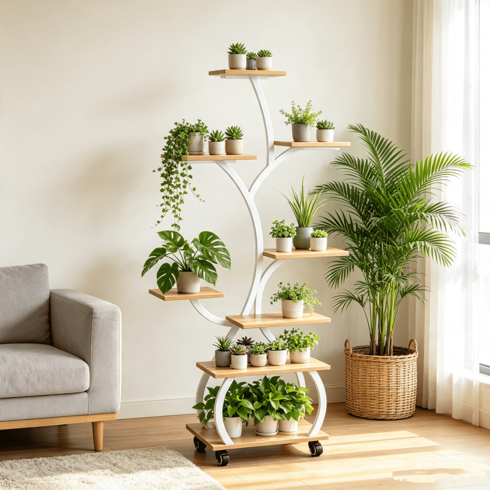 Tree Shaped Plant Stand with Full Spectrum Grow Light, White Metal Frame Plant Shelf with Lockable Wheels, 8-Tier Wooden Display Rack for Indoor Plants, 48x27.6x11.8 Inches
